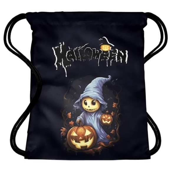 Pumpkin Ghost ✦ Drawstring Backpack ✦ Black Rope Bag w/ Spooky Graphics NWT - Picture 4 of 10